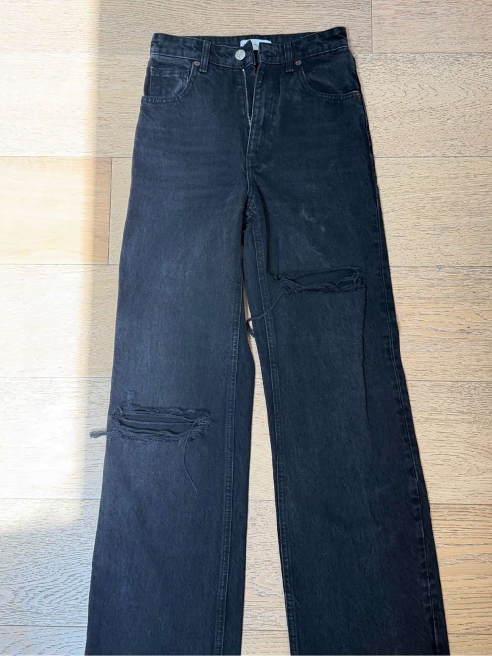 Zara Black Wide-Leg Distressed Jeans